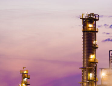 Night view of the refinery petrochemical plant in Gdansk, Poland Europe.